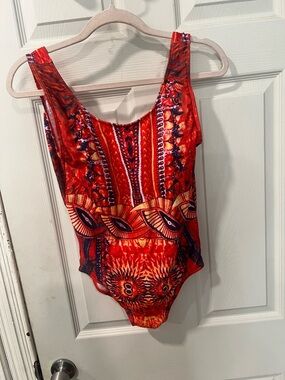 Vibrant Red Orange Tribal Print One-Piece Swimsuit